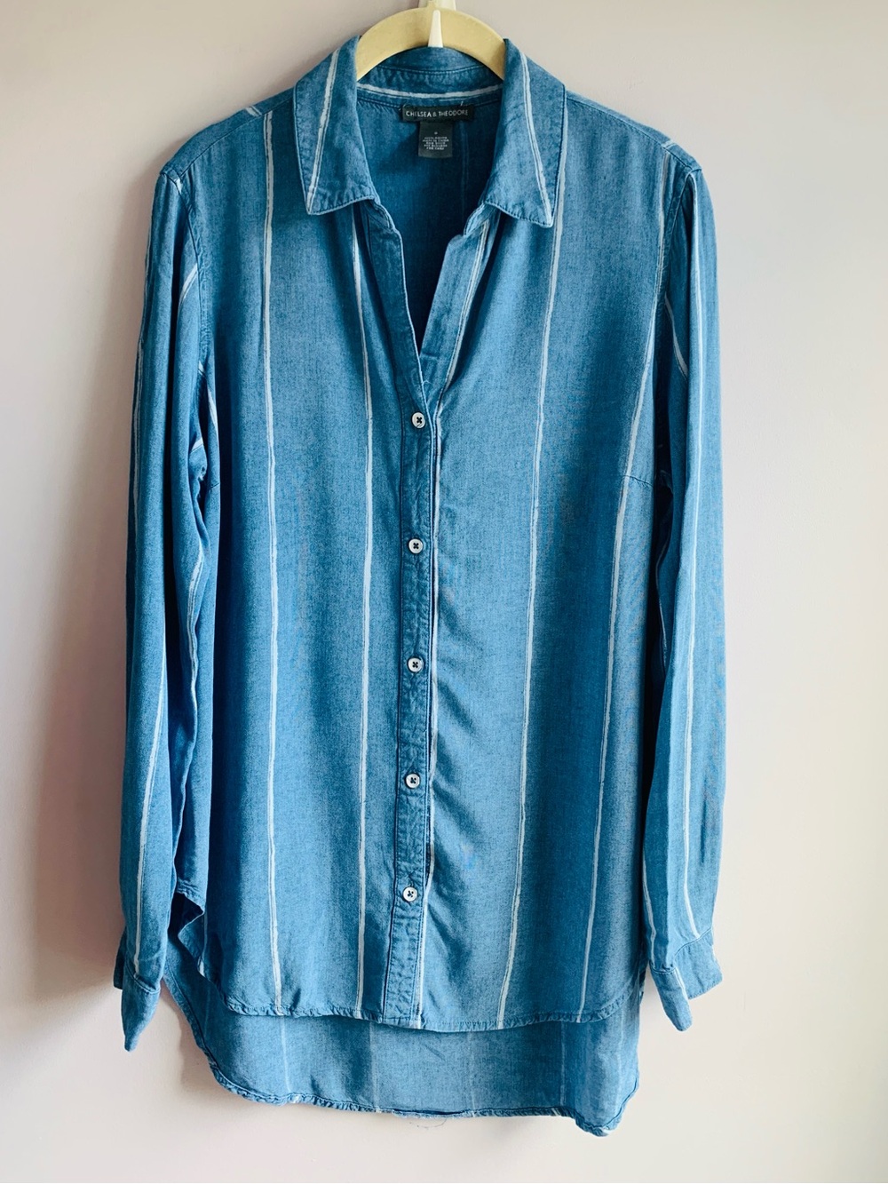 Chelsea & Theodore Shirt Cornflower Blue White Stripe Open Collar Classic EUC S